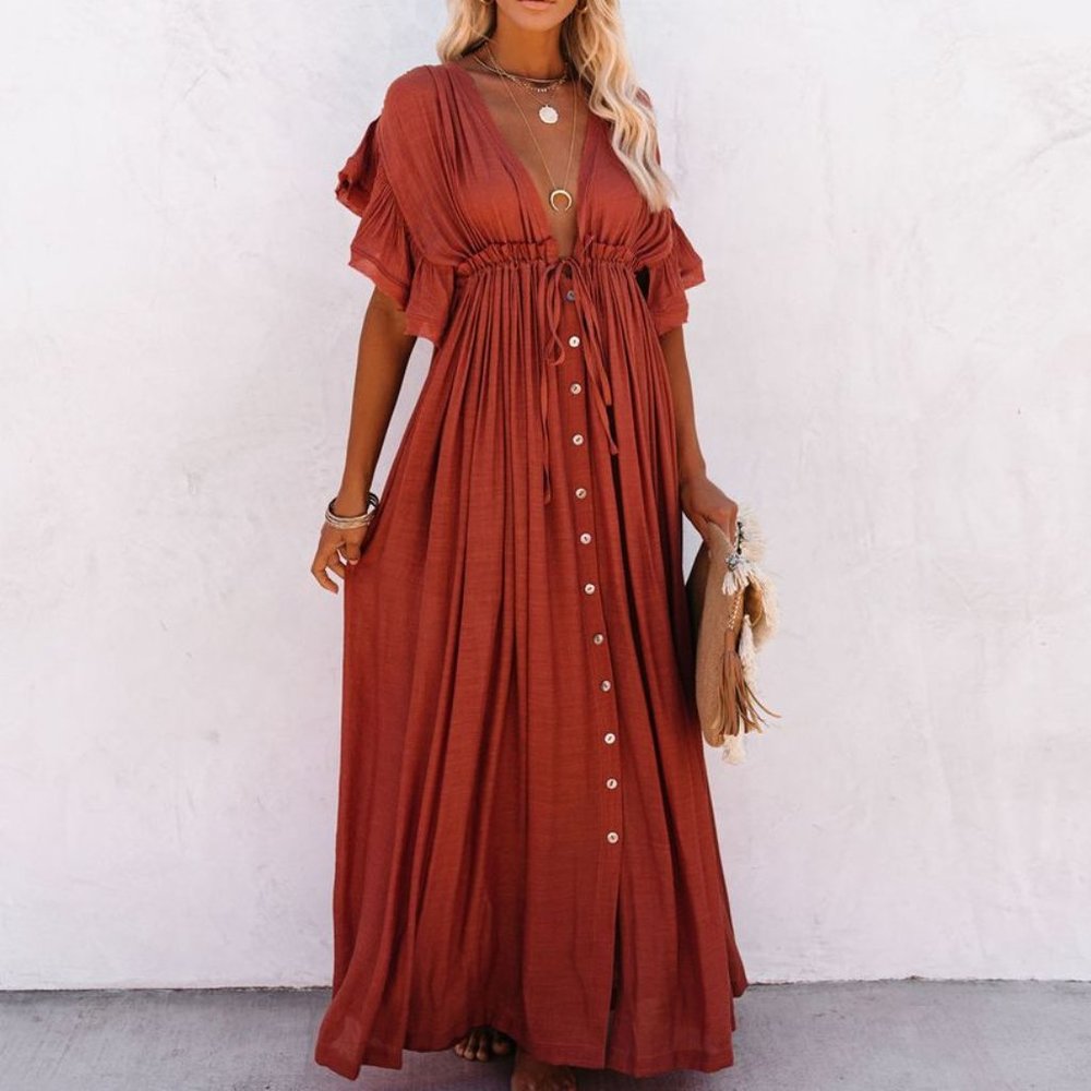 Anika Pocketed Button Down Ruffle Maxi Dress